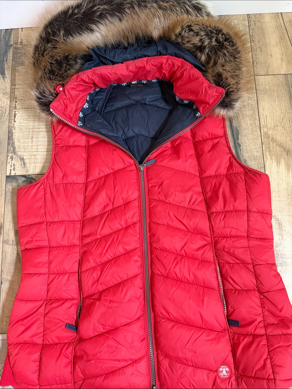 Barbour Red Quilted Hooded Vest with Fur Trim